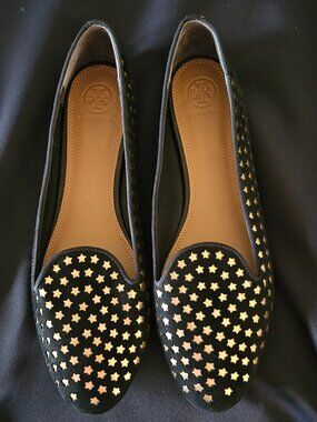 Tory Burch Olympia Star Loafers • Black Suede • Gold Stars • Size 9.5